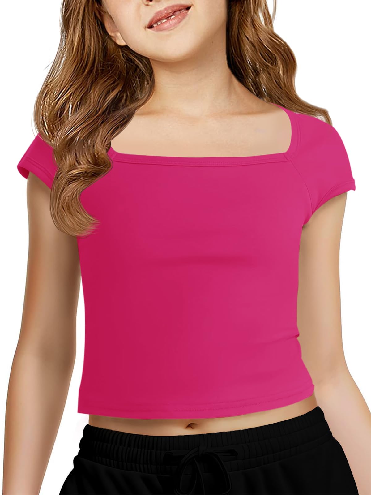 Haloumoning Girls Crop Tops Summer Short Sleeve T Shirts Kids Square Neck Slim Fit Basic Tee