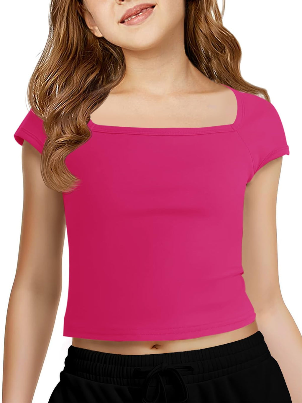 Haloumoning Girls Crop Tops Summer Short Sleeve T Shirts Kids Square Neck Slim Fit Basic Tee