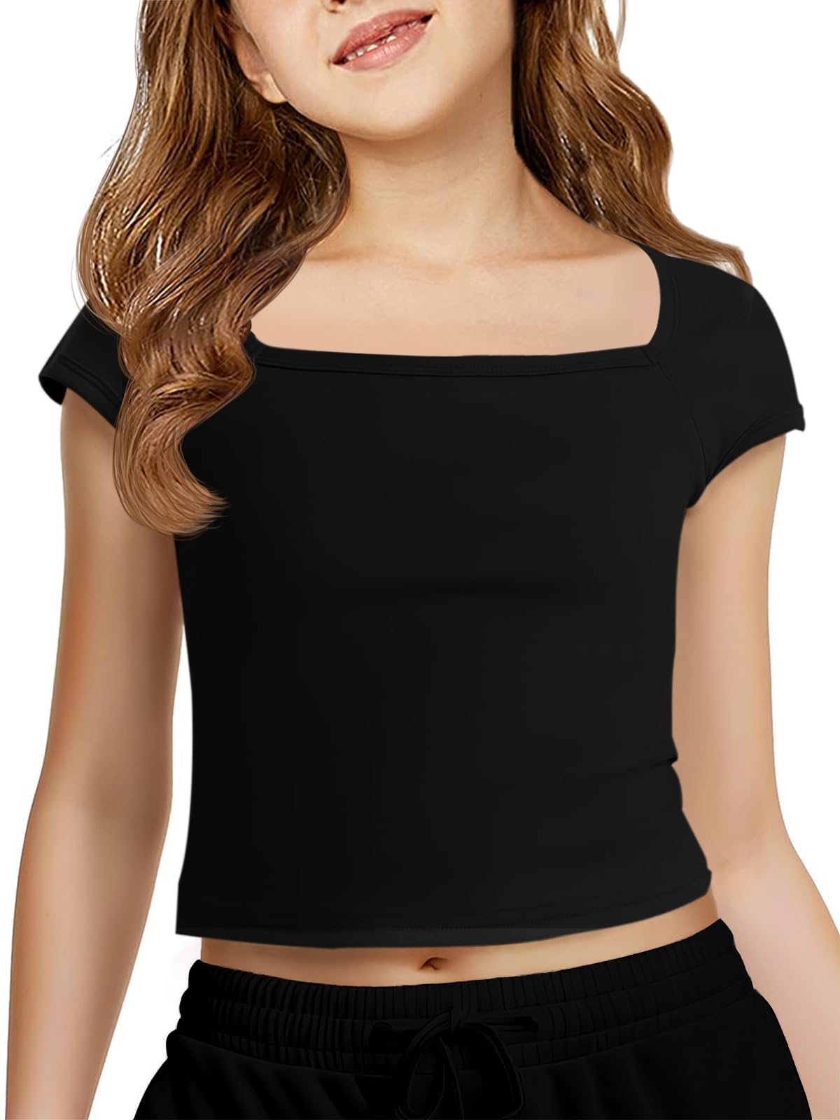 Haloumoning Girls Crop Tops Summer Short Sleeve T Shirts Kids Square Neck Slim Fit Basic Tee