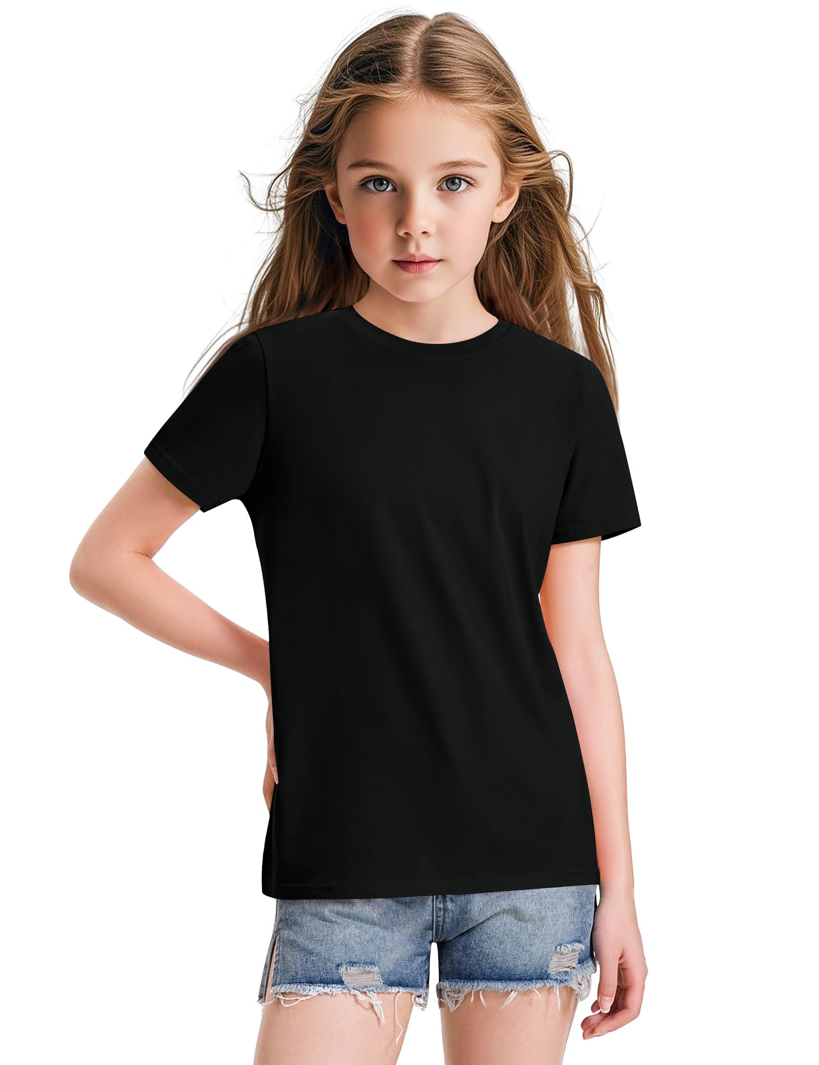 KEREDA Girls Shirts Short Sleeve Soft Cotton T-Shirts Plain Tees Tops Clothes for Kids