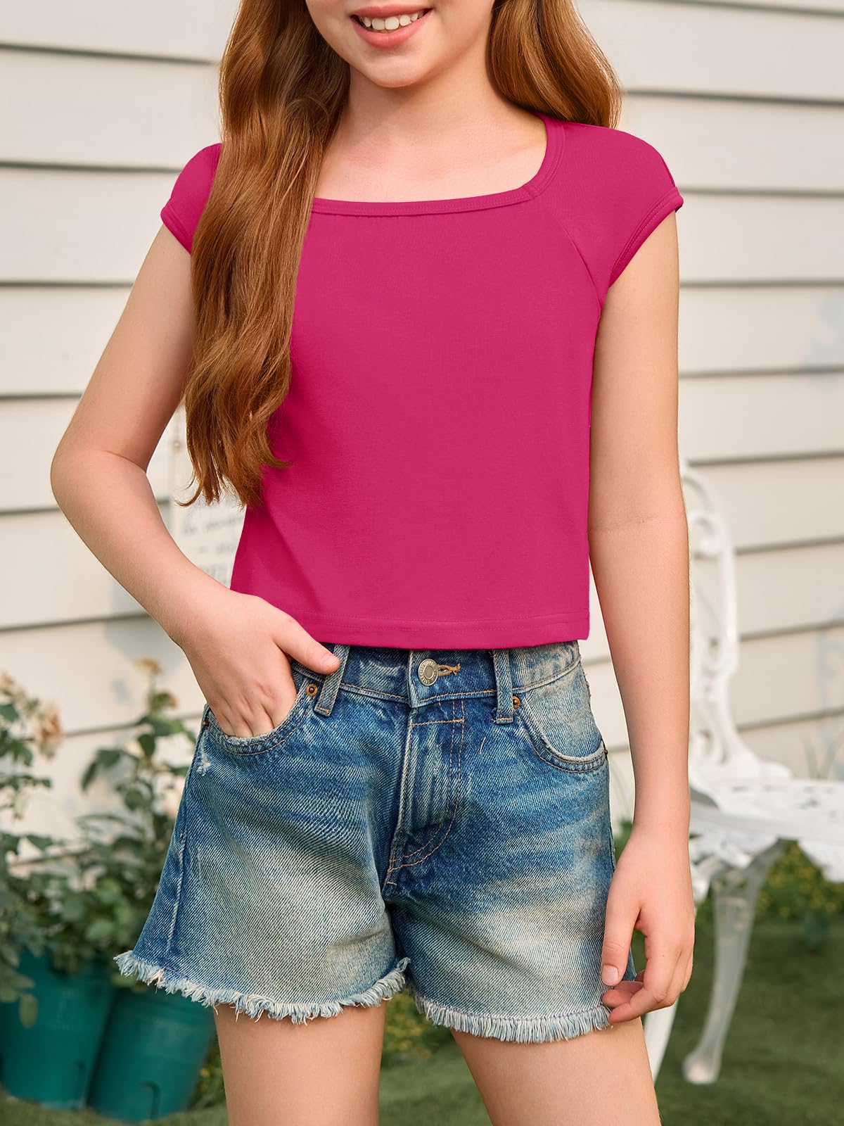 Haloumoning Girls Crop Tops Summer Short Sleeve T Shirts Kids Square Neck Slim Fit Basic Tee
