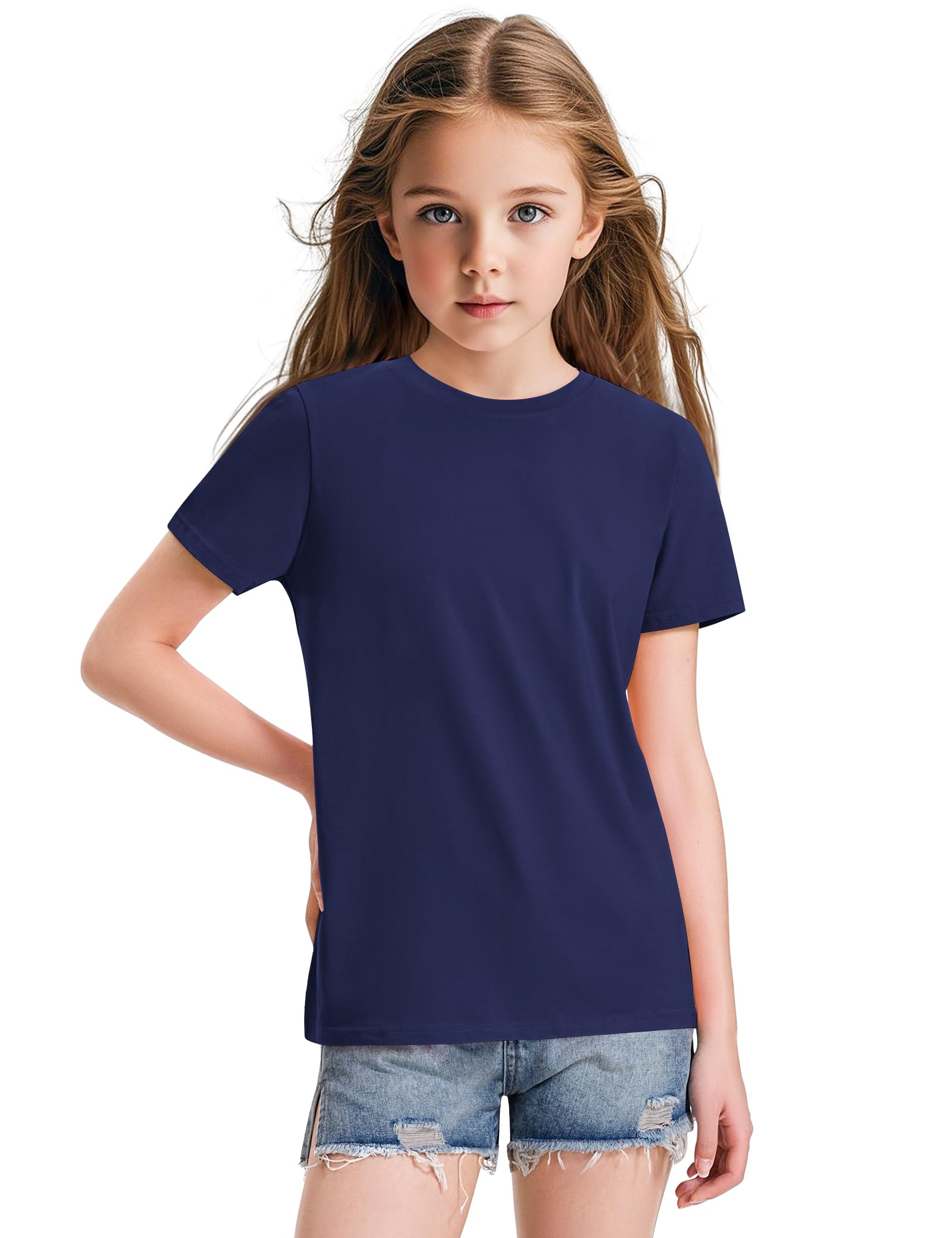 KEREDA Girls Shirts Short Sleeve Soft Cotton T-Shirts Plain Tees Tops Clothes for Kids