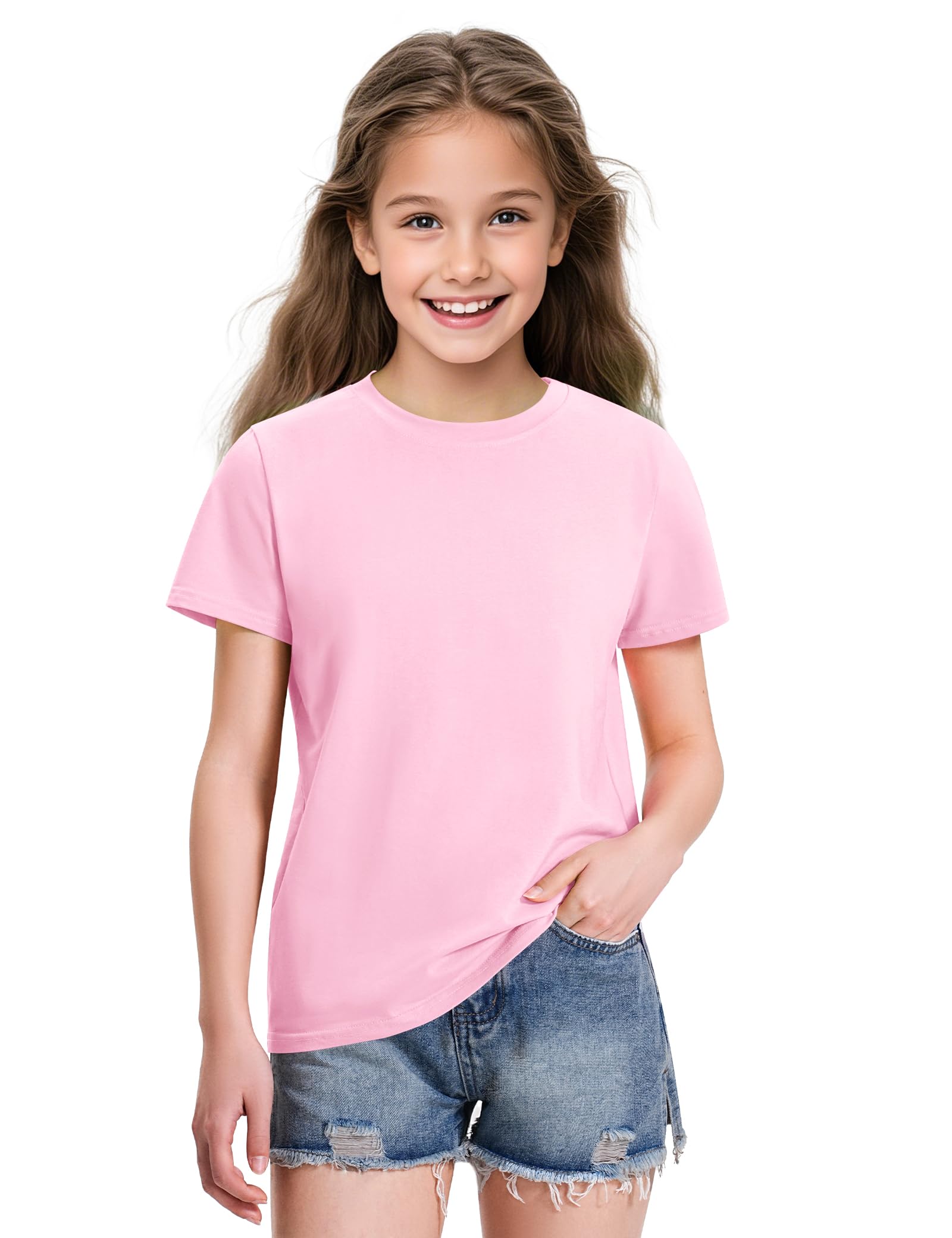 KEREDA Girls Shirts Short Sleeve Soft Cotton T-Shirts Plain Tees Tops Clothes for Kids