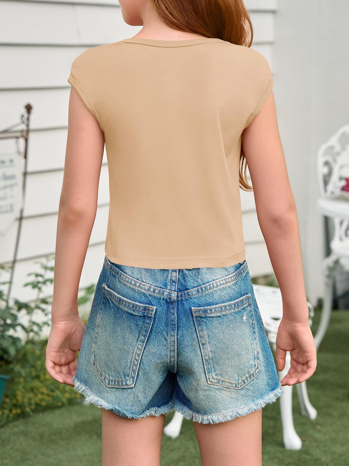Haloumoning Girls Crop Tops Summer Short Sleeve T Shirts Kids Square Neck Slim Fit Basic Tee