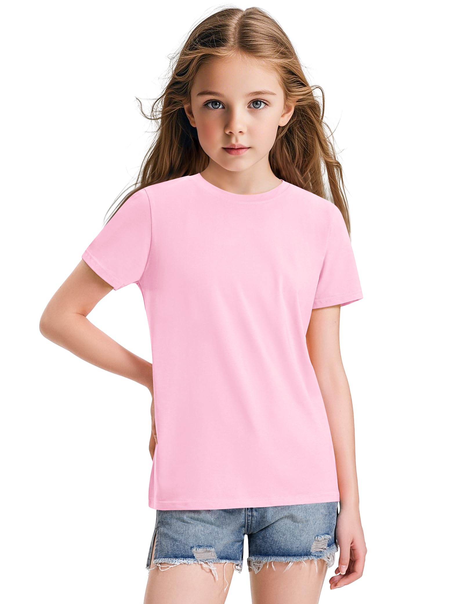 KEREDA Girls Shirts Short Sleeve Soft Cotton T-Shirts Plain Tees Tops Clothes for Kids